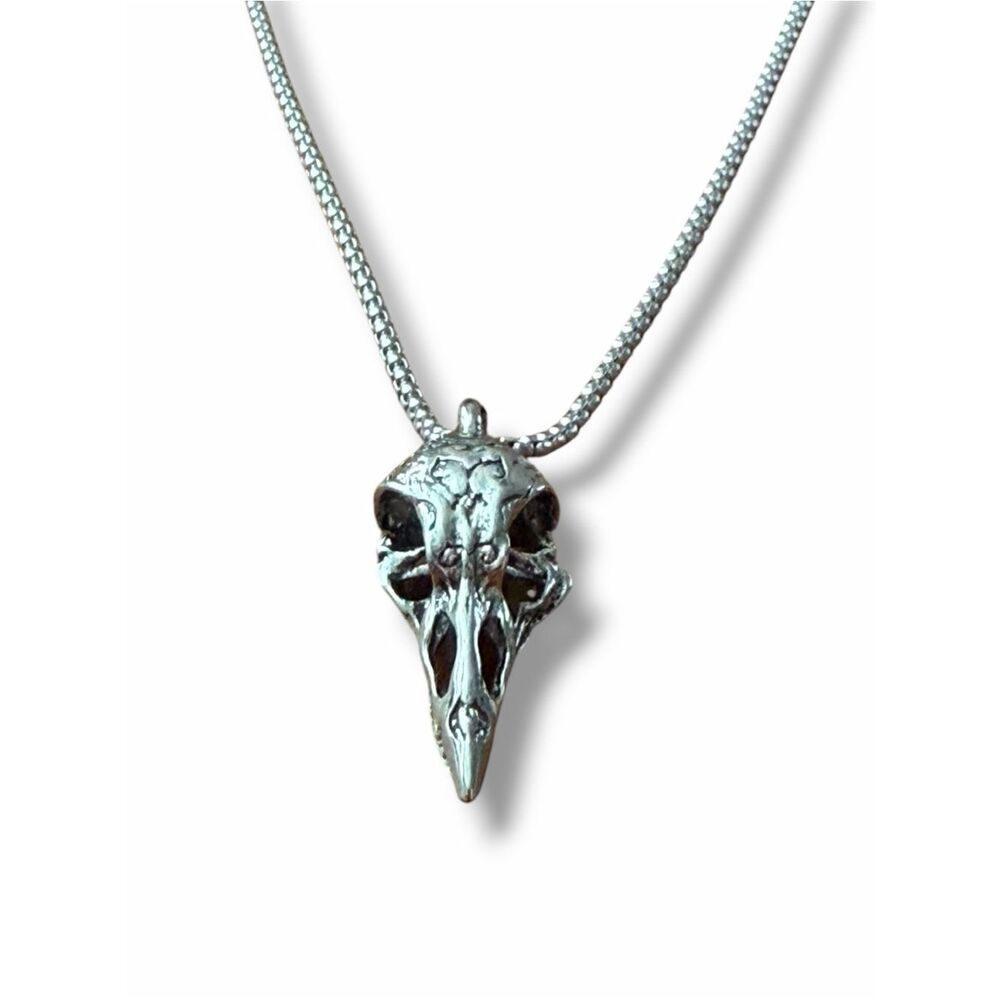 Raven Crow Skull Pendant Box Chain Necklace Antique Silver 24”